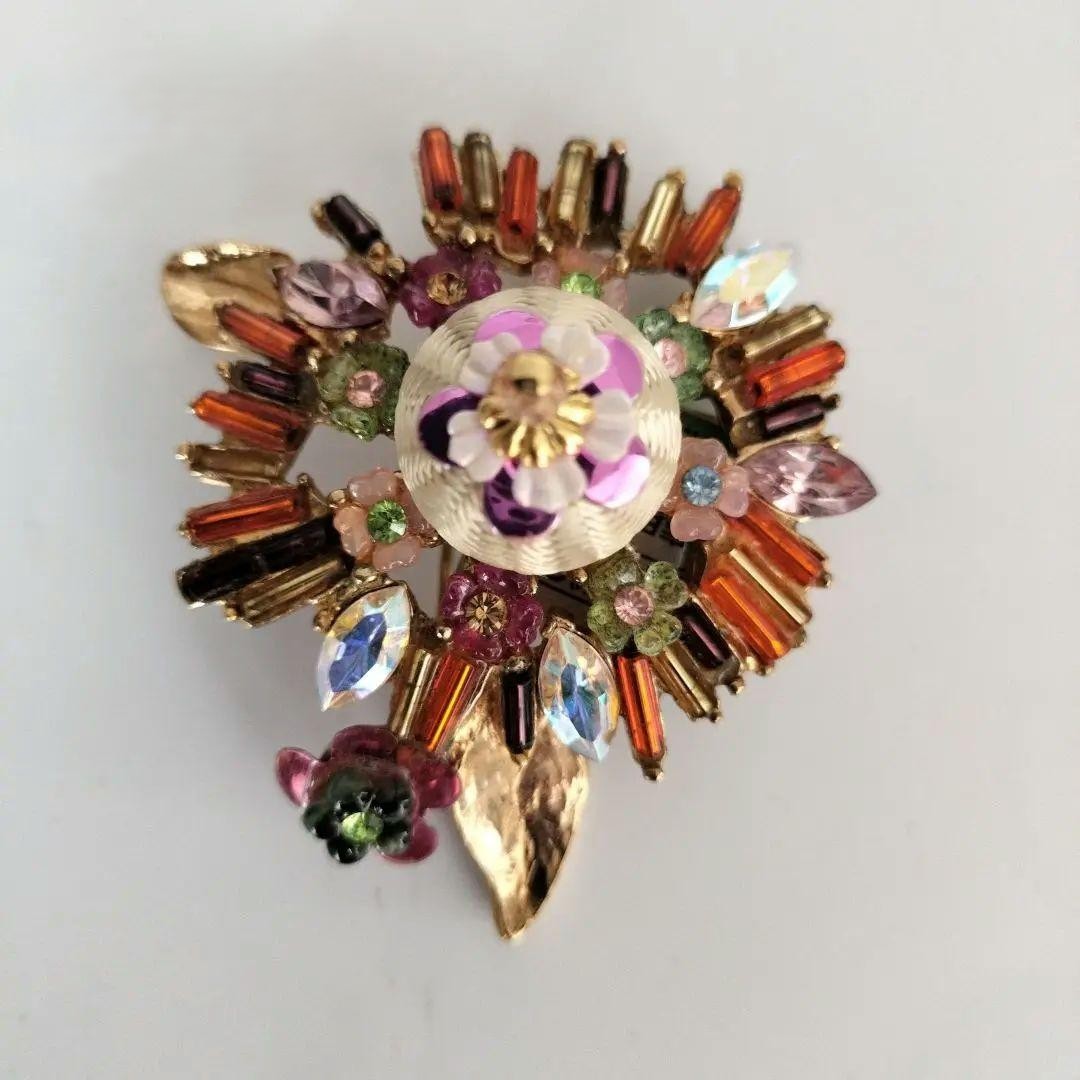 Christian Lacroix Vtg Style Floral Brooch Multicolor Beads Crystal Metal Used