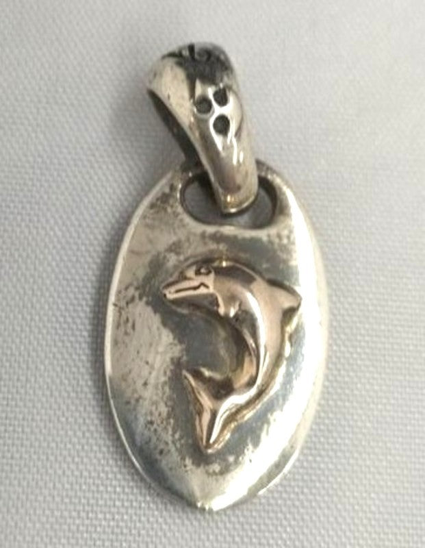 A&G 950 Silver Pendant Top Dolphin Motif Oval Charm Necklace Top Japan 3cm 1.2"