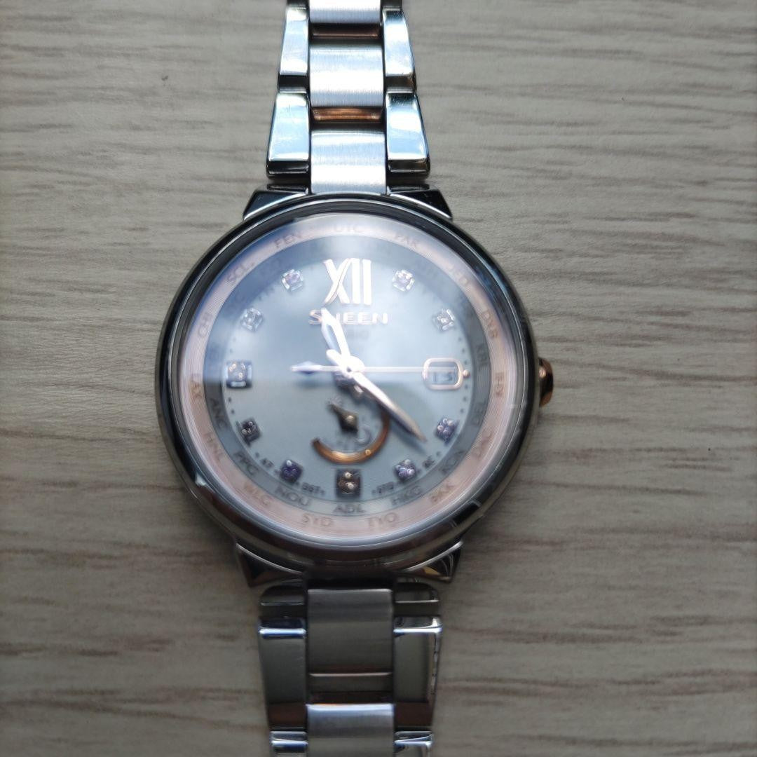 CASIO SHEEN SHW-1507 Multi Band 6 Solar Womens Watch Silver Pink Gold Stones