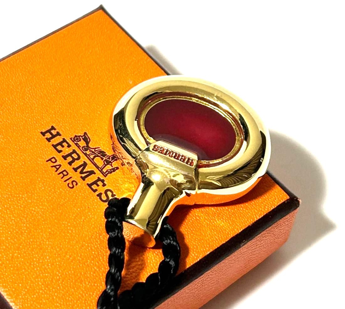 HERMES Paris Perfume Bottle Pendant Necklace Gold Bordeaux 27.6in Auth France