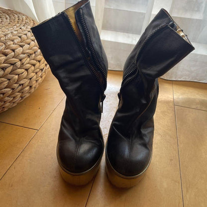 Yves Saint Laurent Black Gold Leather Stiletto Heels Boots Size 37 US 7