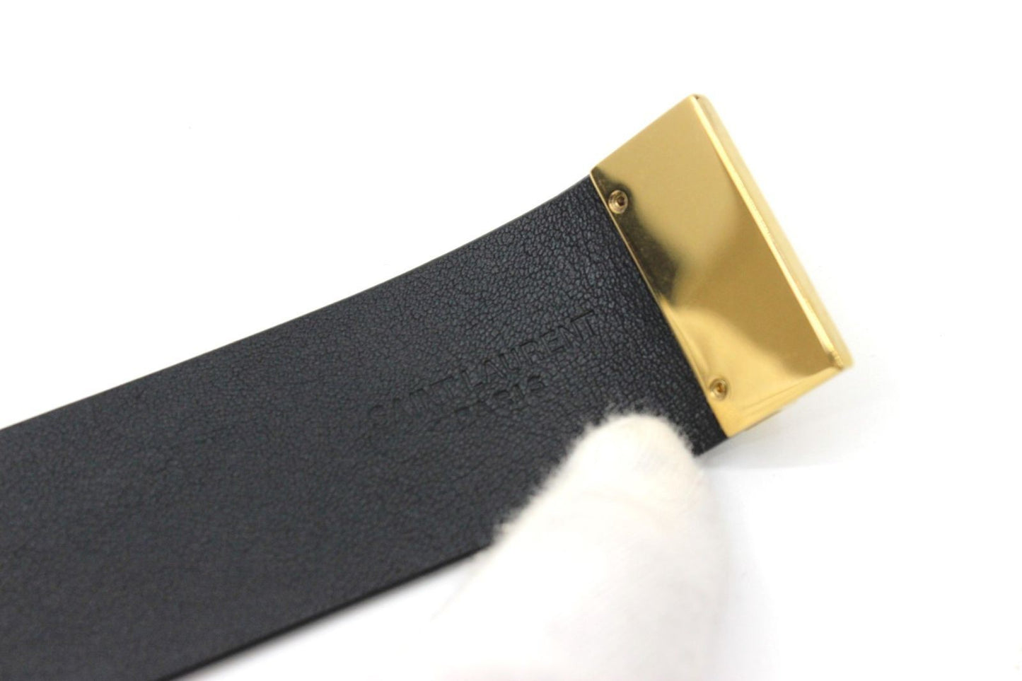 Saint Laurent Enamel Gold Tone Magnetic Closure Leather Bracelet Black Used