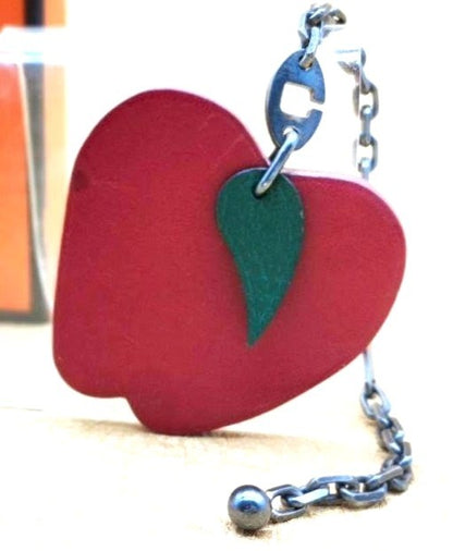 Hermes Apple Charm Bag Charm Key Ring Red Burgundy Leather Silver Chain Auth