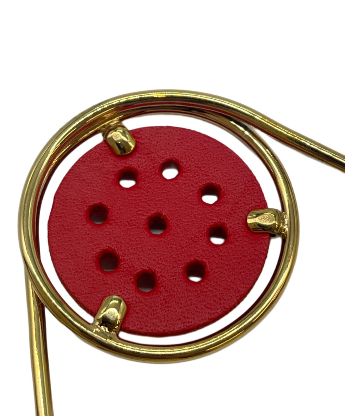 LOEWE Mecano Pin Brooch Red Leather Gold Hardware Round Safety Pin Spain Logo