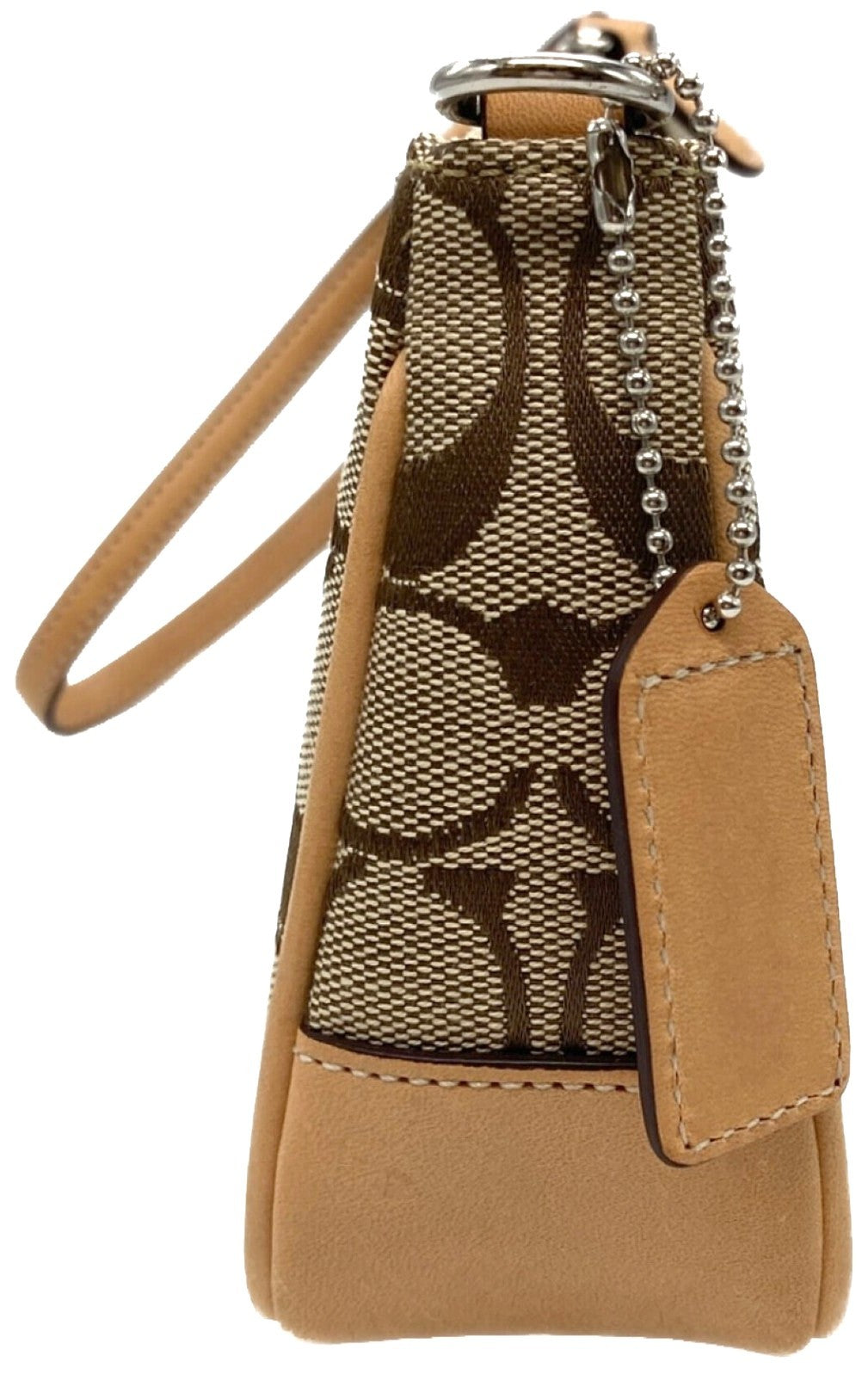 COACH Signature Jacquard Wristlet Pouch 6094 Khaki Beige Leather Trim Auth Used