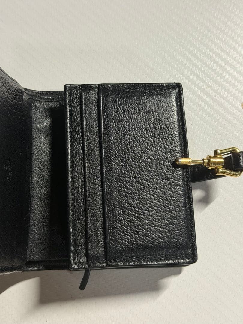 Gucci Auth 645536 GG Denim Horsebit Bifold Wallet Blue Black Leather Gold Used