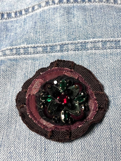 PRADA Swarovski Crystal Brooch Burgundy Grosgrain Fabric Pin 2.6in Italy Authent