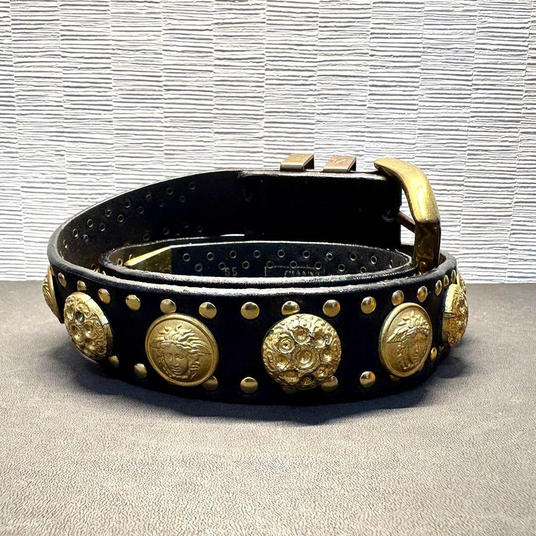Versace Medusa Studded Black Leather Gold Hardware Belt Men L 80cm Vintage