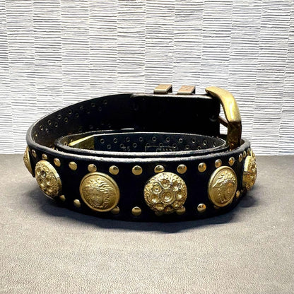 Versace Medusa Studded Black Leather Gold Hardware Belt Men L 80cm Vintage
