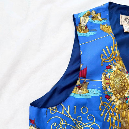 Hermes Auth Vtg Voiles et Galons Silk Scarf Print Vest Blue Size 50 Used