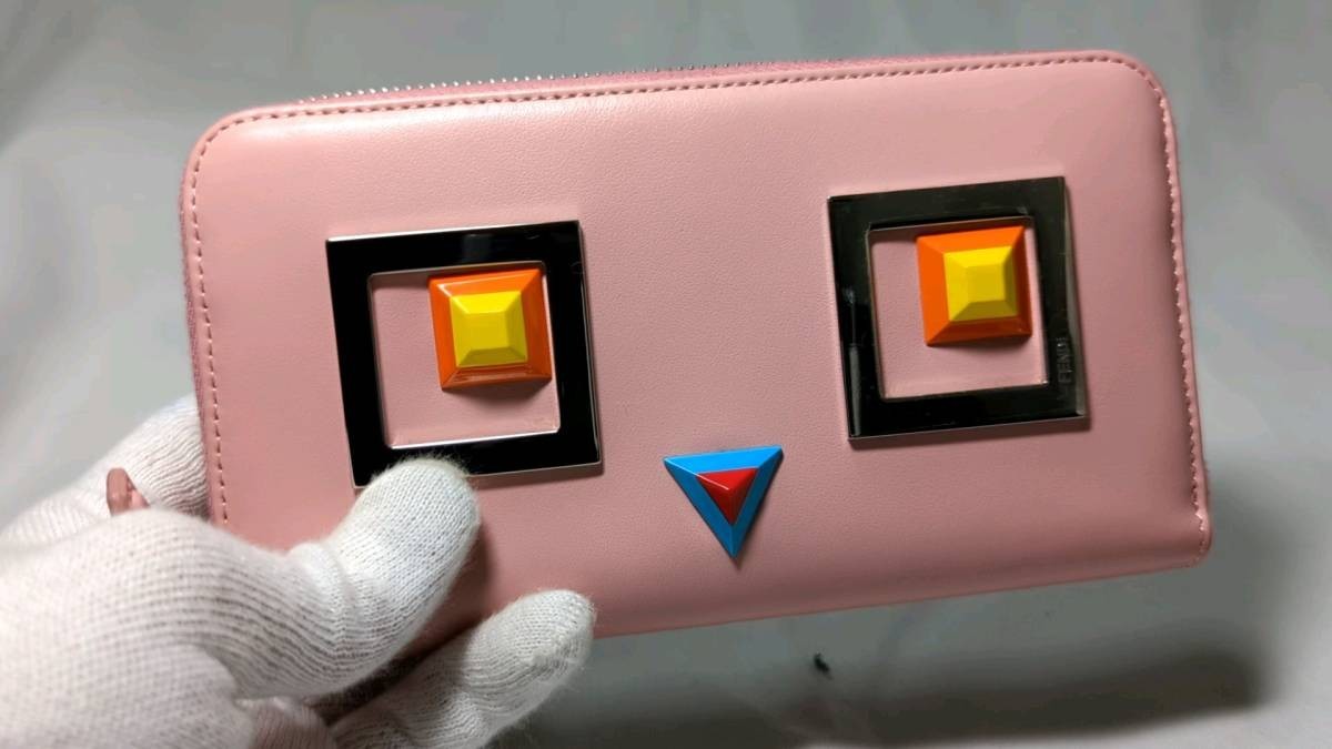 Authentic FENDI Monster Bag Bugs Eye Pink Calfskin Long Wallet Used Excellent