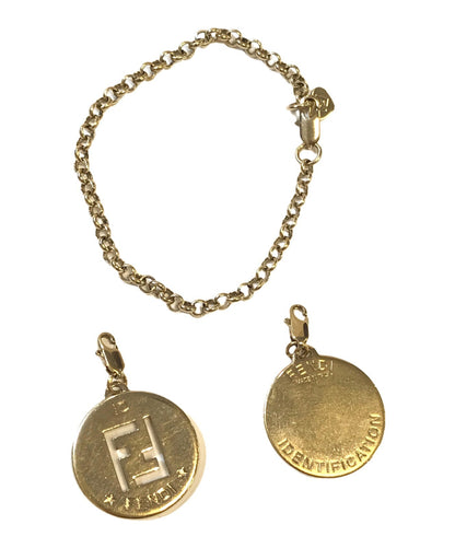FENDI Zucca FF Logo Charm Bracelet Gold Tone Chain Rhinestone H Initial Italy