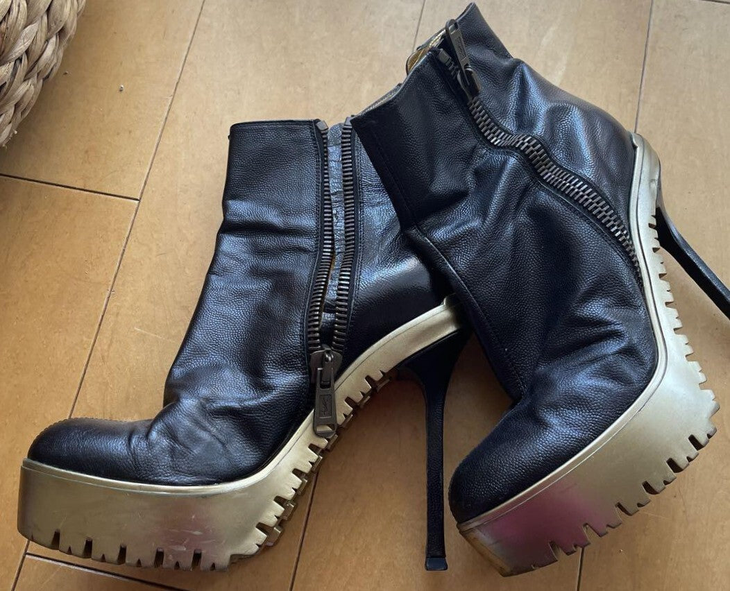 Yves Saint Laurent Black Gold Leather Stiletto Heels Boots Size 37 US 7