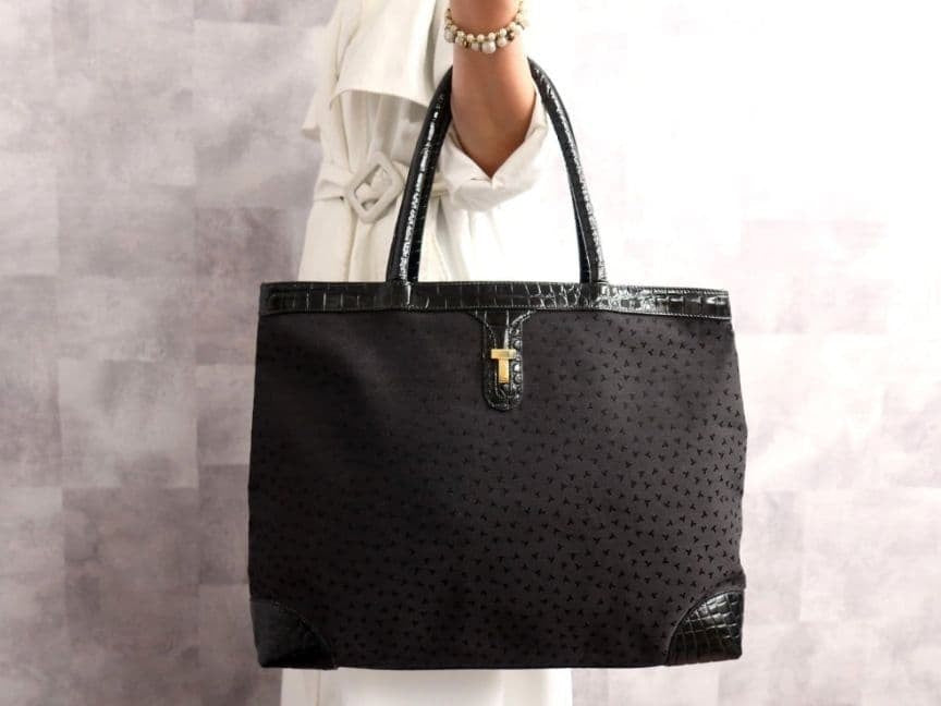 Tiffany & Co Canvas Crocodile embossed Black Leather Tote Bag Gold Hearware