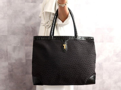 Tiffany & Co Canvas Crocodile embossed Black Leather Tote Bag Gold Hearware
