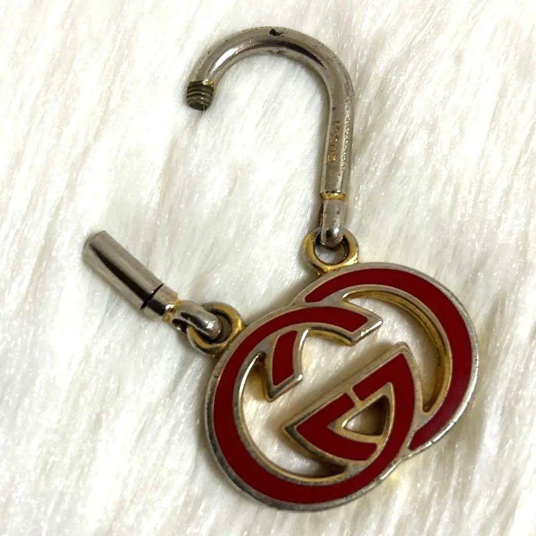 Gucci Auth Old Gucci Double G Logo Red Gold Keychain Bag Charm Key Ring Used