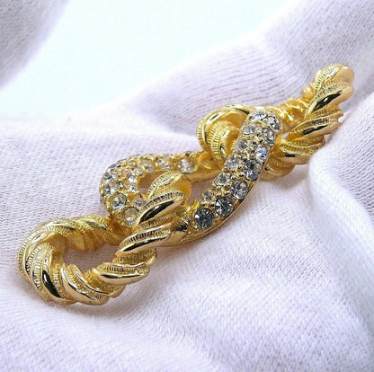 Christian Dior Twist Rope Rhinestone Brooch Pin Gold Tone Vintage Signed 3.4cm