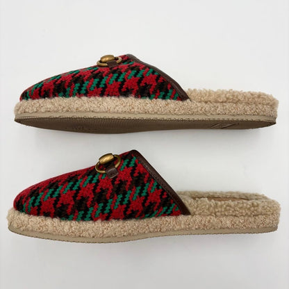 Gucci Horsebit Boa Slippers Slip-On Sandals Houndstooth Tweed Size 36 US 6 Women