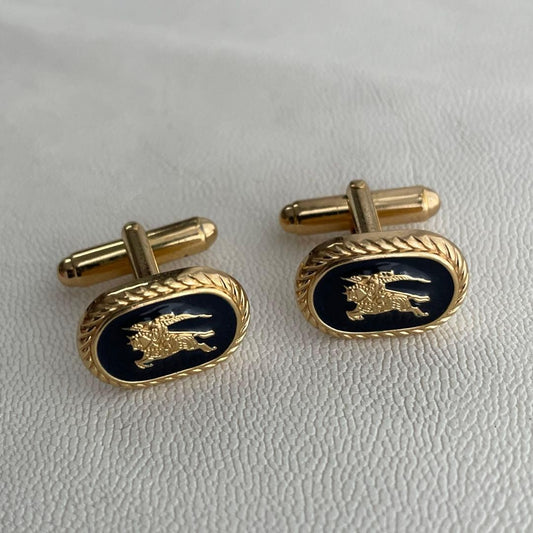 Burberry Authentic Vintage Cufflinks Black Gold Color Used Ellipse