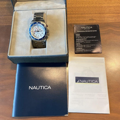 NAUTICA Yachtimer A34502 Chronograph Mens Watch White Dial Steel Swiss Made 44mm