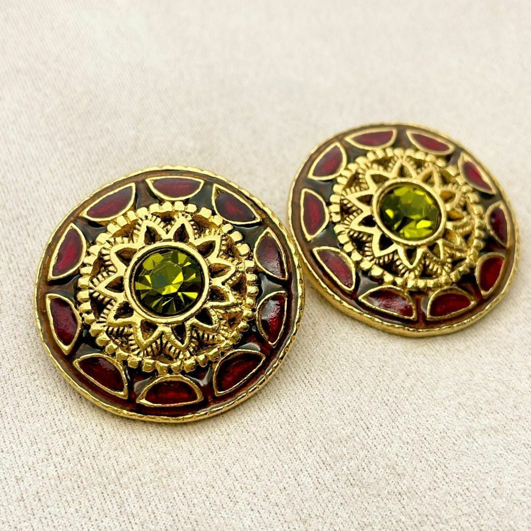 Christian Lacroix Vtg Gold Large Statement Clip Earrings Color Stone Red Used