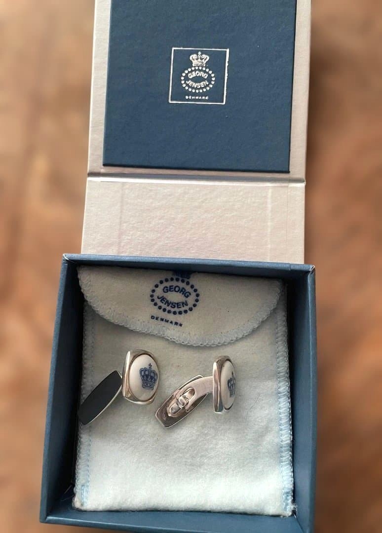 Georg Jensen Royal Copenhagen Sterling Silver Porcelain Crown Cufflinks Vintage