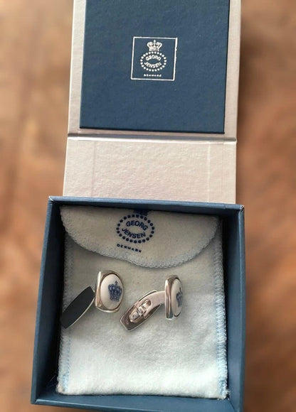 Georg Jensen Royal Copenhagen Sterling Silver Porcelain Crown Cufflinks Vintage