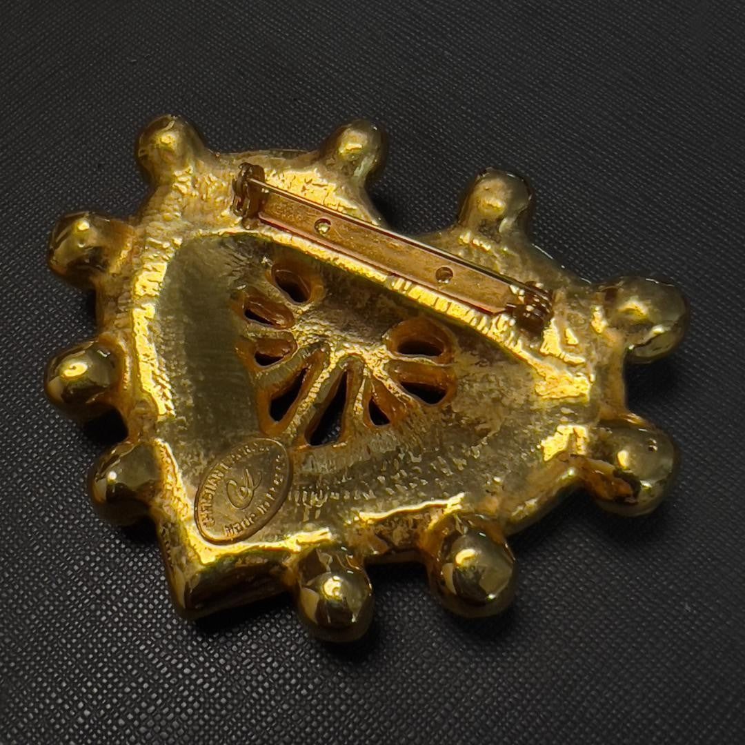 Christian Lacroix Vtg Oversized Heart Brooch Gold Logo 7.5x6 cm 3.0x2.4" France