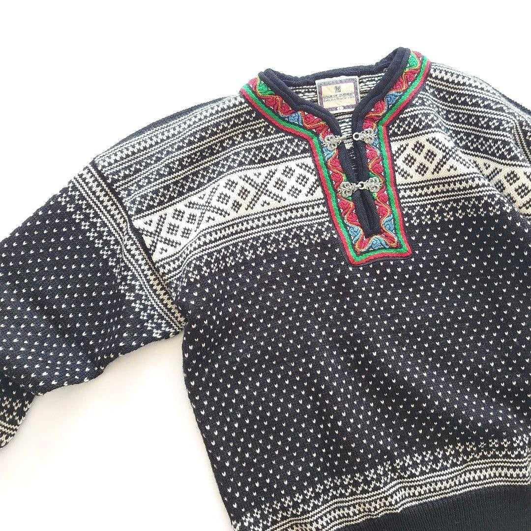 DALE OF NORWAY Nordic Sweater Men's Wool Knit Pullover Black White L Metal Clasp