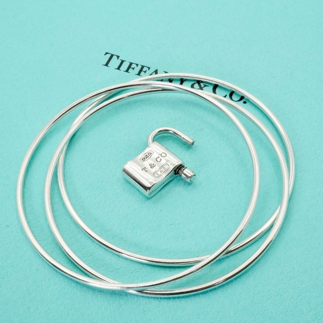 Excellent Tiffany & Co Silver 925 1837 Cadena Lock Triple Hoop Bangle 19cm 7.5in