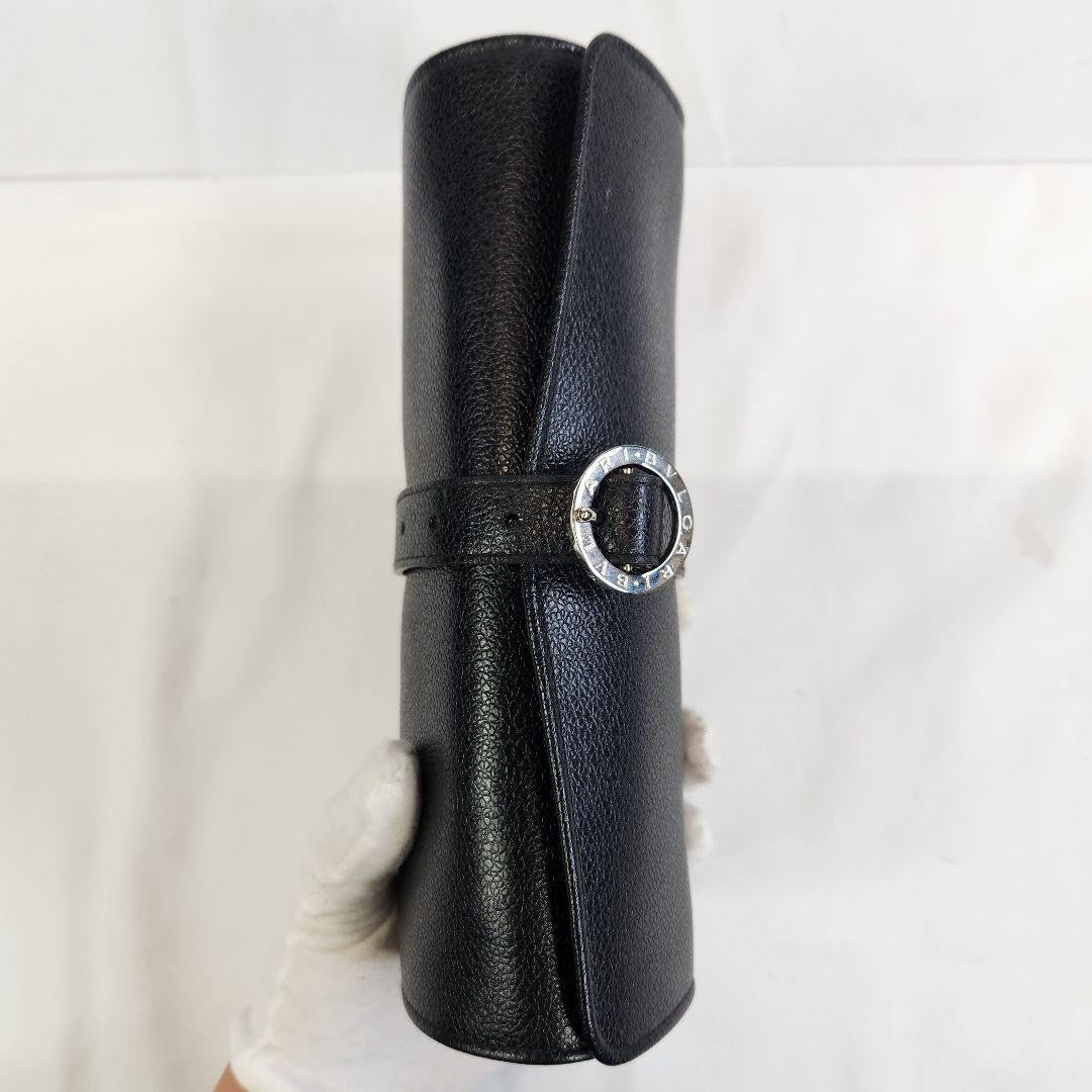 Excellent Rare Bvlgari Black Leather Accessories Jewelry Case Travel Portable