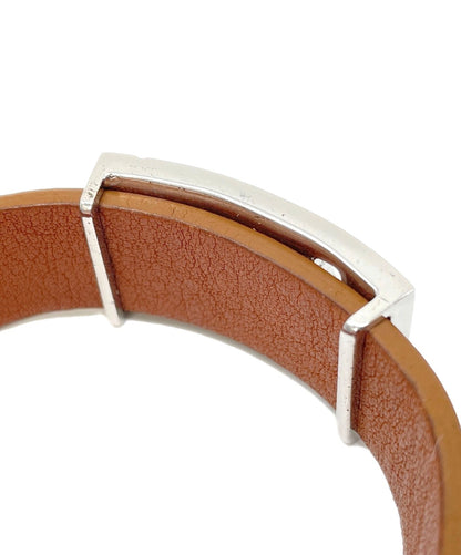 FENDI FF Zucca Logo Buckle Leather Bracelet Brown Silver 925 Cuff Bangle Unisex