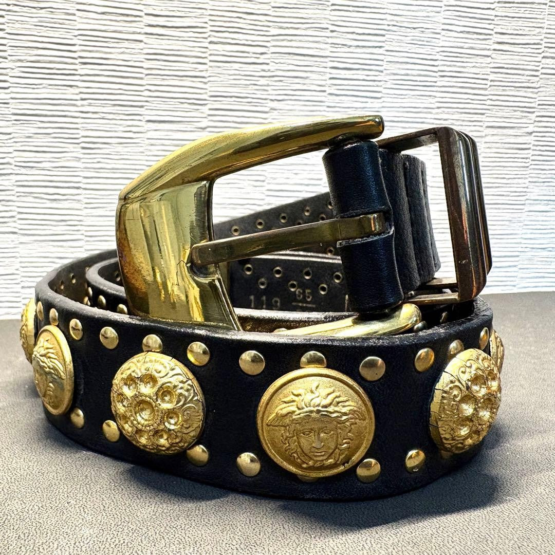 Versace Medusa Studded Black Leather Gold Hardware Belt Men L 80cm Vintage
