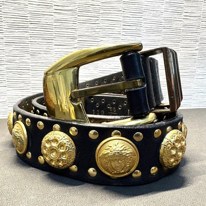 Versace Medusa Studded Black Leather Gold Hardware Belt Men L 80cm Vintage