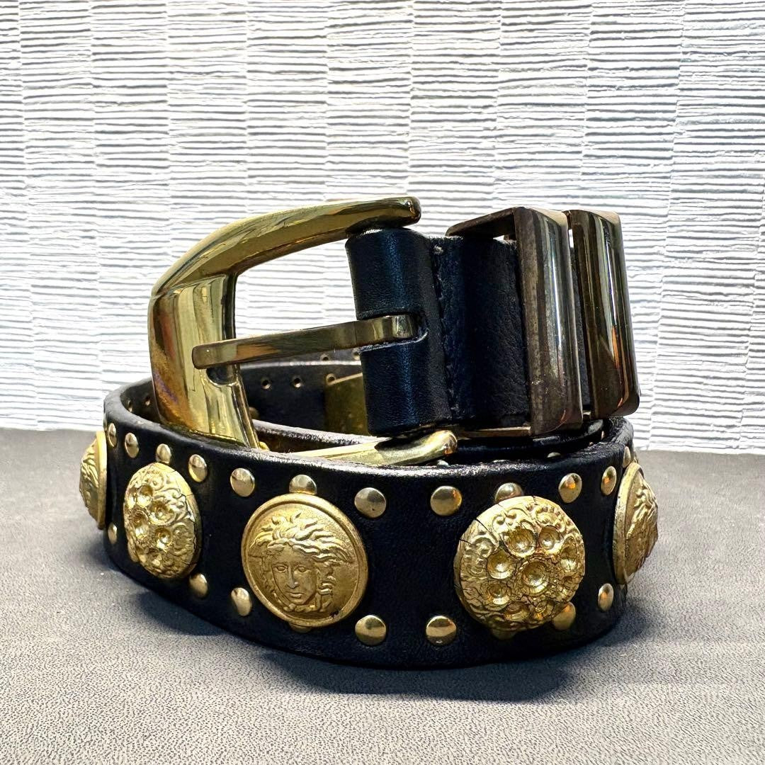 Versace Medusa Studded Black Leather Gold Hardware Belt Men L 80cm Vintage