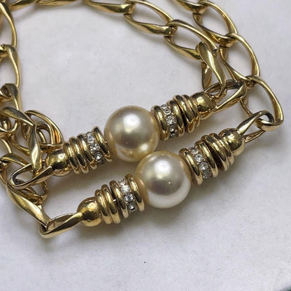 Vintage Christian Dior Gold Plated Faux Pearls Rhinestone Long Chain Necklace