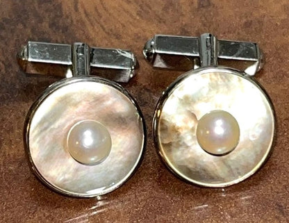 MIKIMOTO Mother of Pearl Akoya Pearl Cufflinks Silver 925 0.6in Men Authentic