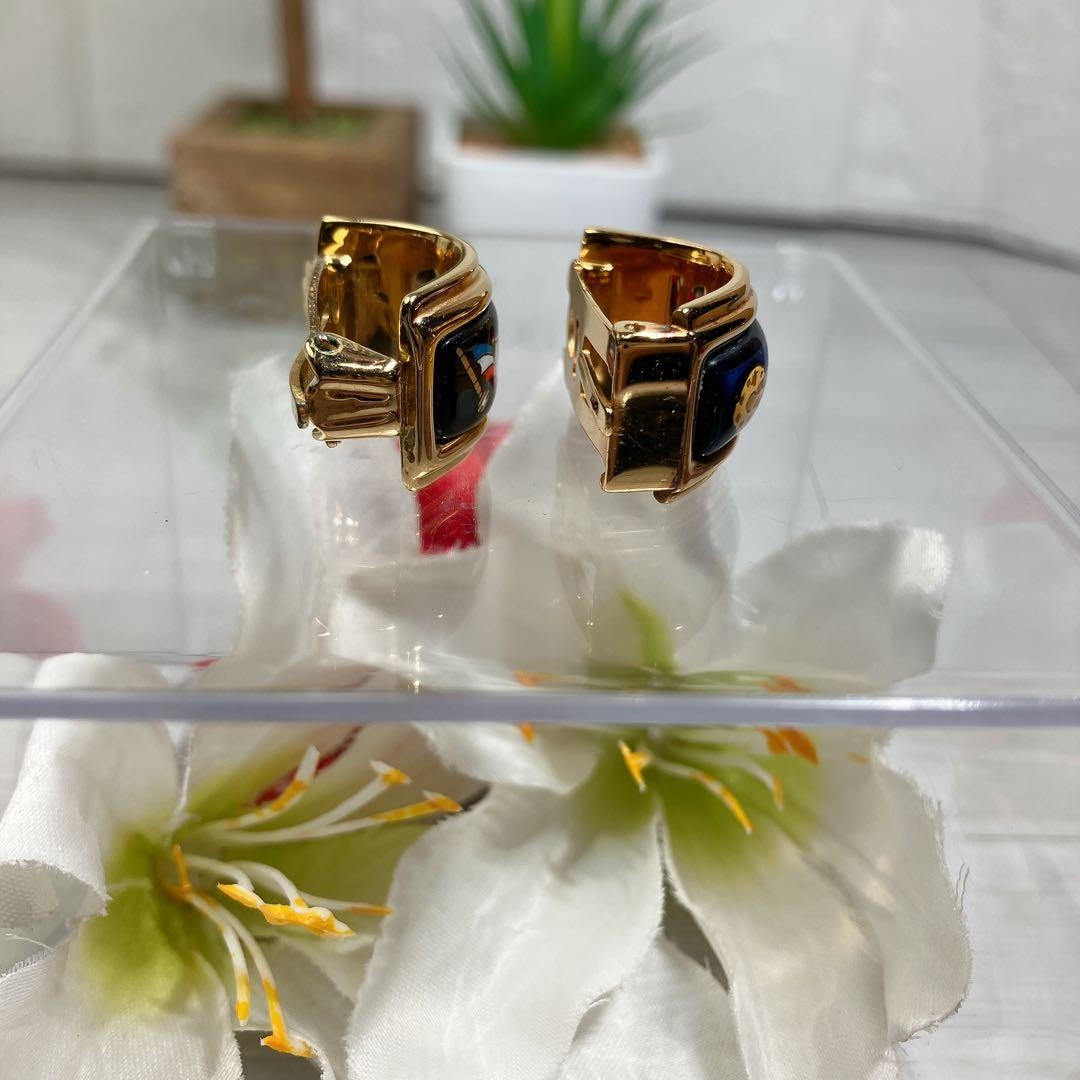 Hermes Auth Enamel Cloisonne Earrings Gold Clip On H Flag Chain Multicolor 2 cm