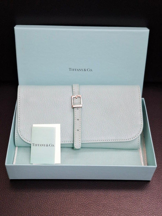 Tiffany & Co Tri Fold Wallet Multi Pouch Jewelry Case Organizer Black Leather