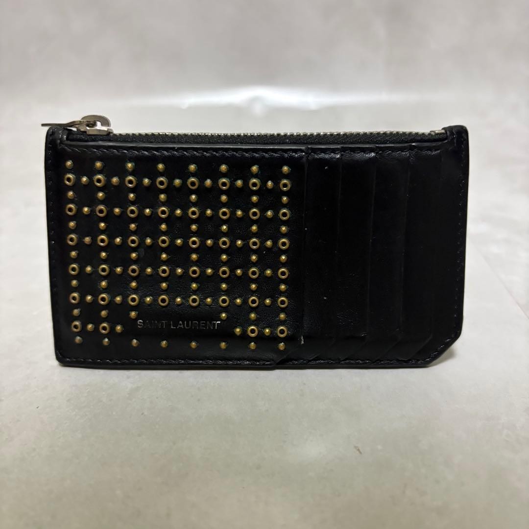 SAINT LAURENT Black Leather Studs Logo Fragment Case Card Case Coin Case