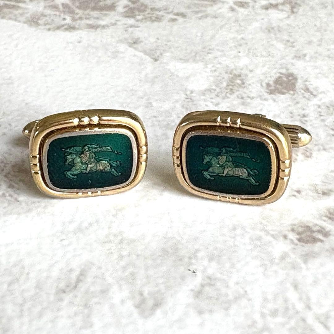 Burberrys Vtg Horse Logo Cufflinks Gold Green Shadow Knight 1.5x1.9 cm 0.6x0.7"