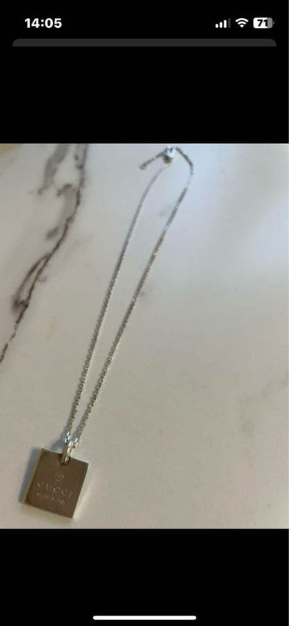Gucci Authentic Square Plate Pendant Necklace Silver 925 Unisex With Box Used