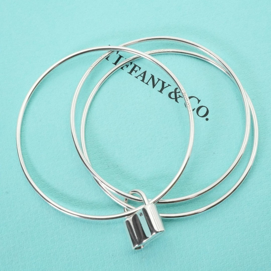 Excellent Tiffany & Co Silver 925 1837 Cadena Lock Triple Hoop Bangle 19cm 7.5in