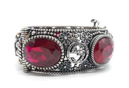 Gucci Sterling Silver 925 Interlocking GG Logo Red Gemstone Cat Head Bracelet