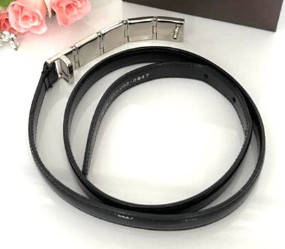 Gucci Silver Tone Logo Buckle Black Leather Narrow Belt Size 70-28 85cm 33in