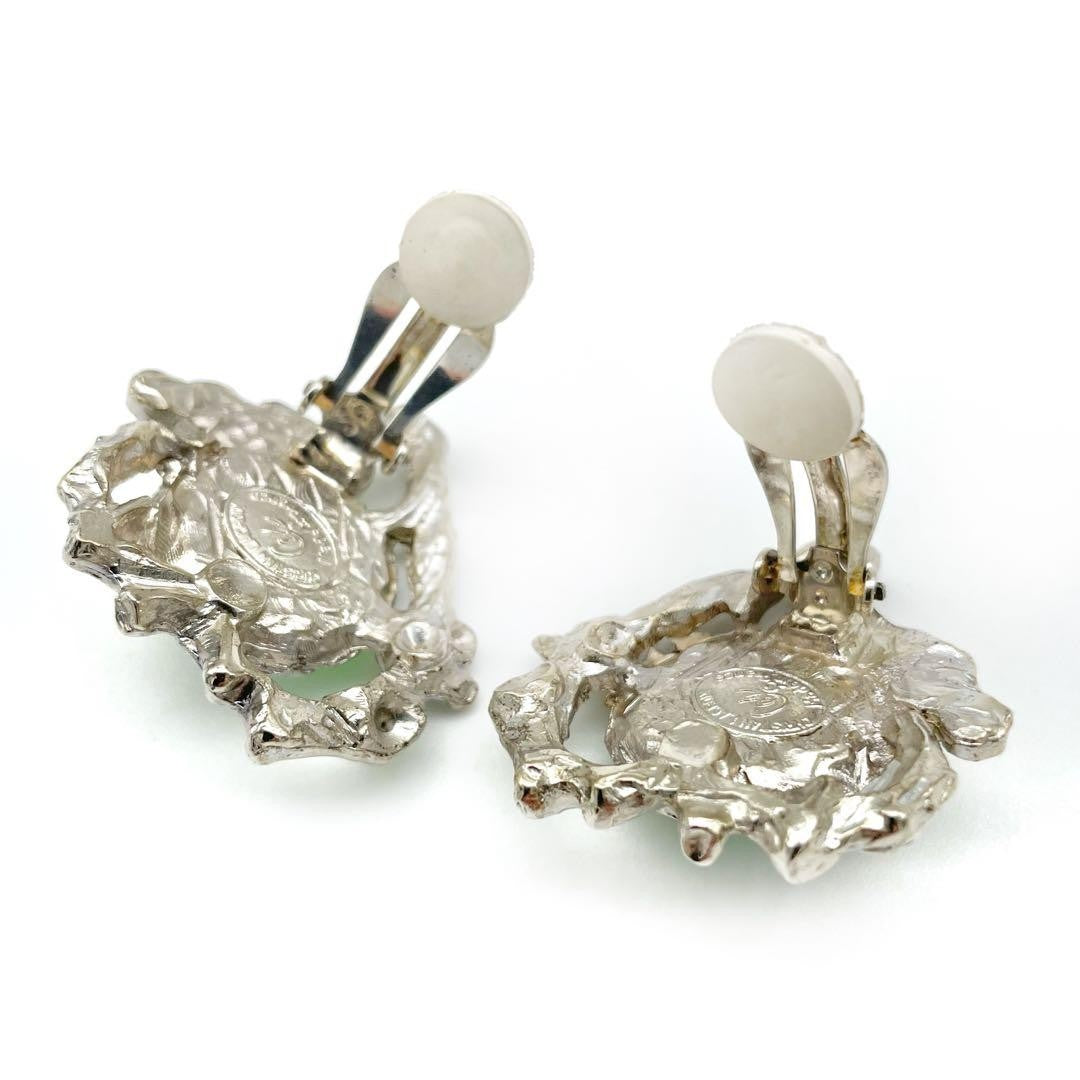 Christian Lacroix Auth Vtg Silver Heart Colorstone Clip Earrings 3x3.5 cm Used