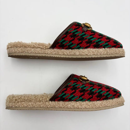 Gucci Horsebit Boa Slippers Slip-On Sandals Houndstooth Tweed Size 36 US 6 Women