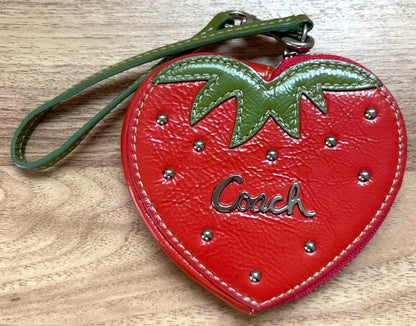 Vintage COACH Strawberry Coin Case Purse Charm Red Patent Leather Heart Shape