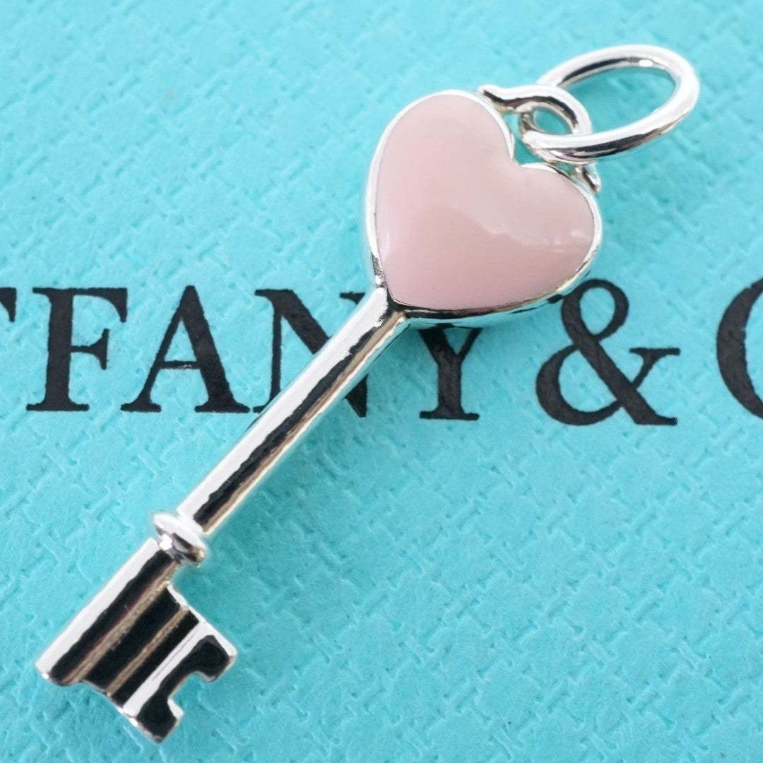 Tiffany & Co Sterling Silver 925 Pink Enamel Heart Key Pendant Top Charm