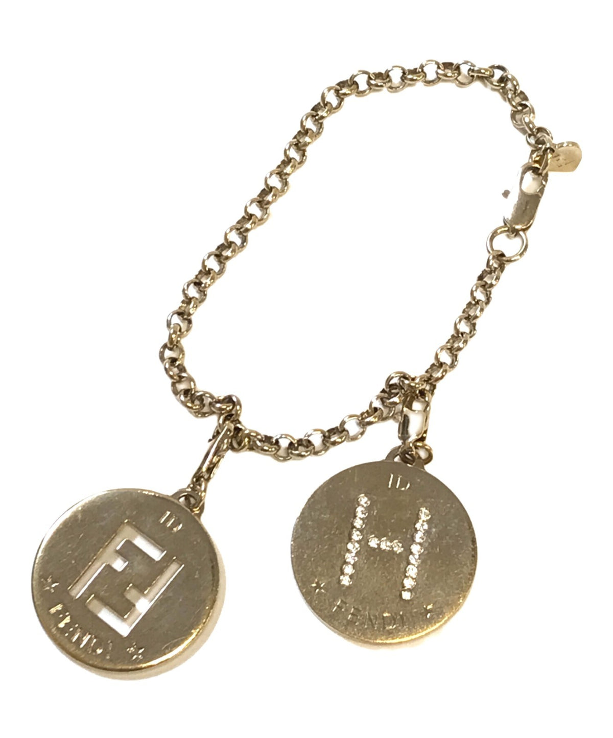 FENDI Zucca FF Logo Charm Bracelet Gold Tone Chain Rhinestone H Initial Italy
